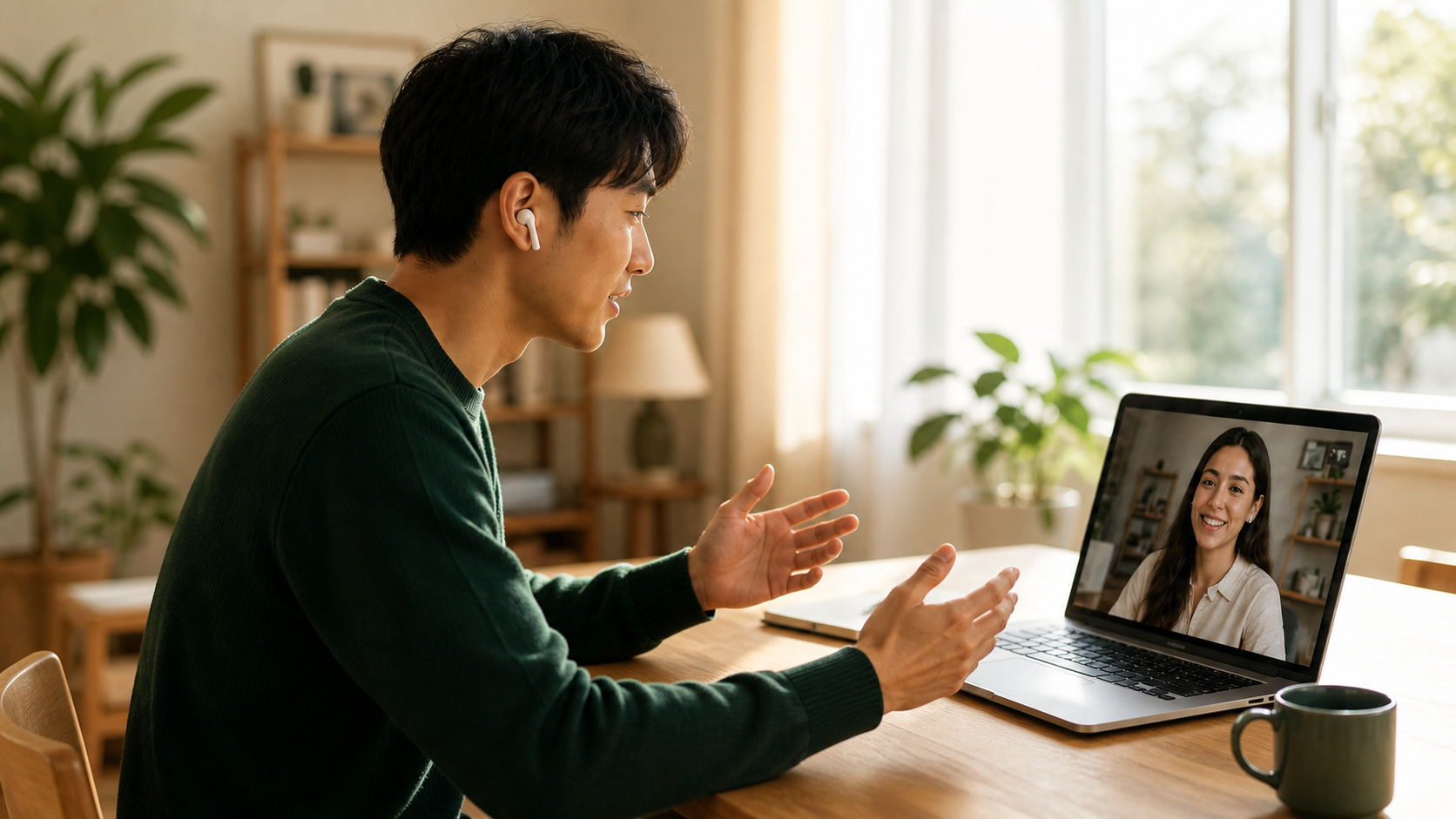 Learner speaking a target language in a one-on-one video conversation